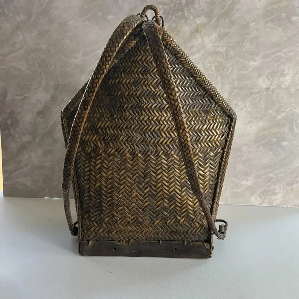 Vintage Ifugao Natural Carved Woven Wicker Basket Backpack From the Philippines